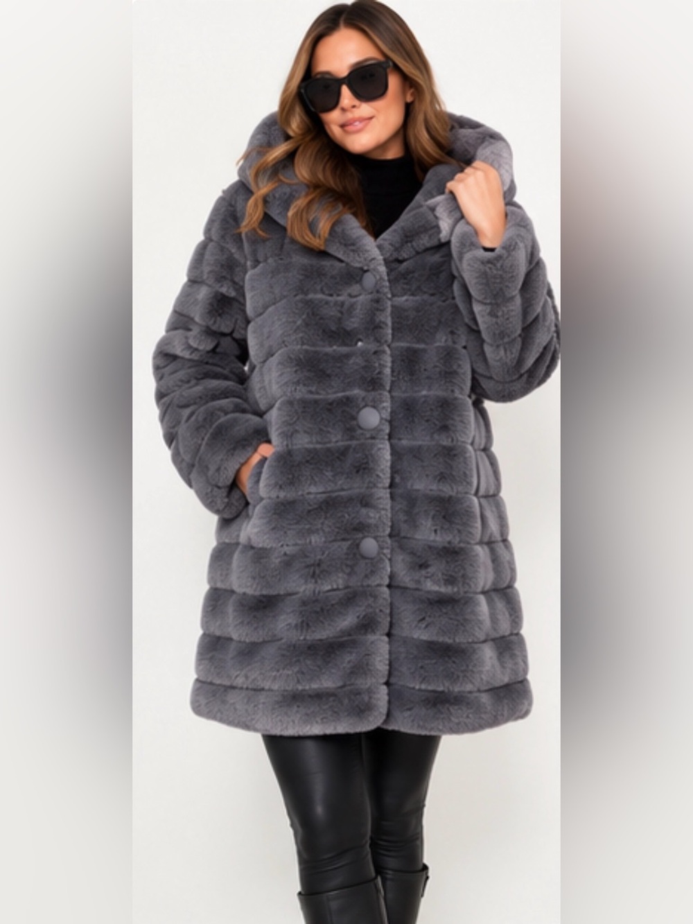 Nuage 2X Reversible Faux Fur Hooded Coat Grey Plus Size Winter